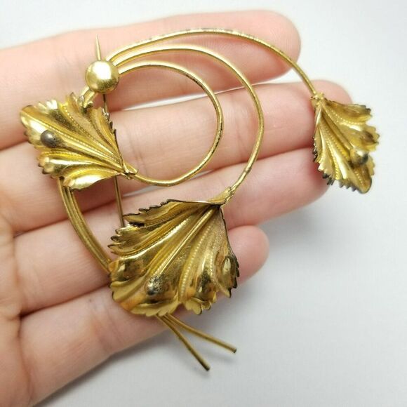 Vintage Sterling Silver Gold Plated Spiral Leaf Design Brooch, Large Estate - Picture 7 of 8